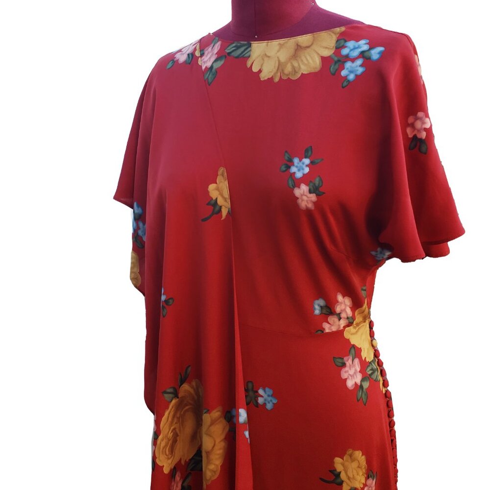 Magda Butrym Dress Red Floral Silk Short Sleeves Asymmetric Hem Midi 38 - Picture 4 of 10